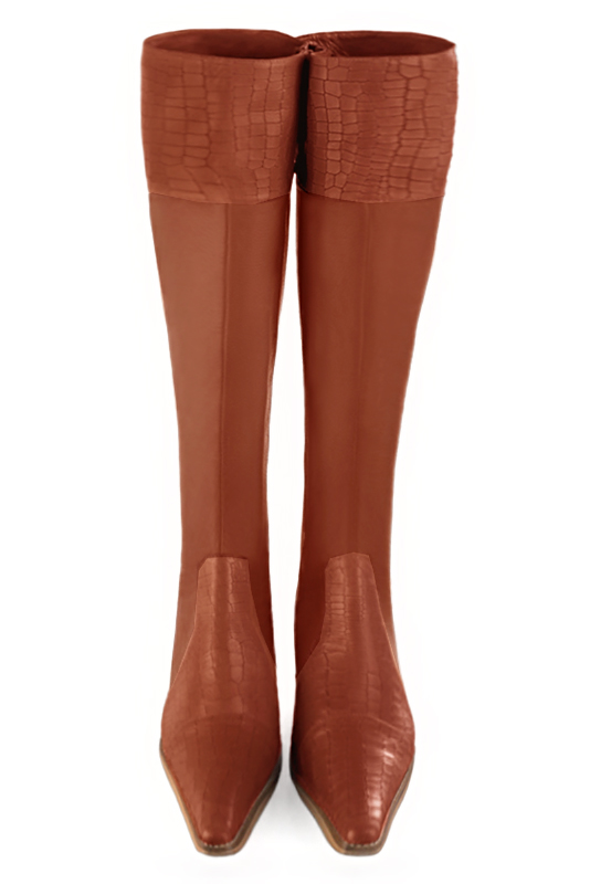 Terracotta orange women's riding knee-high boots. Tapered toe. Low leather soles. Made to measure. Top view - Florence KOOIJMAN